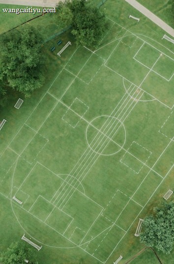 An aerial view of a sports complex featuring multiple sports fields drawn on green grass. The layout includes soccer and tennis courts, with pathways surrounding the area. Trees and surrounding buildings are visible, along with a swimming pool section on the left side.
